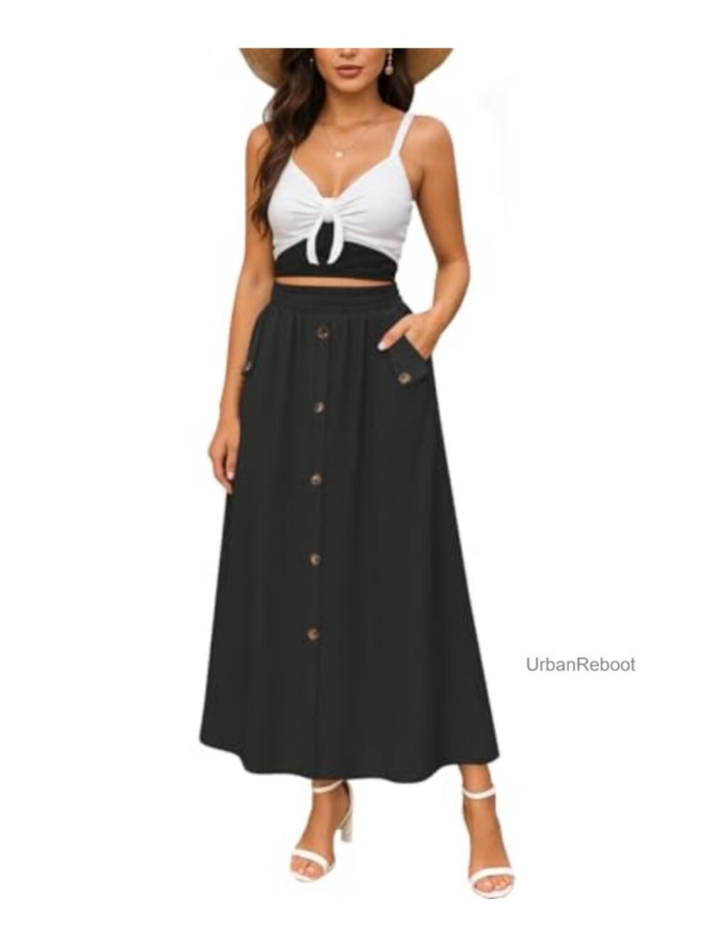 Women High Waisted A-Line Midi Skirt with Pockets